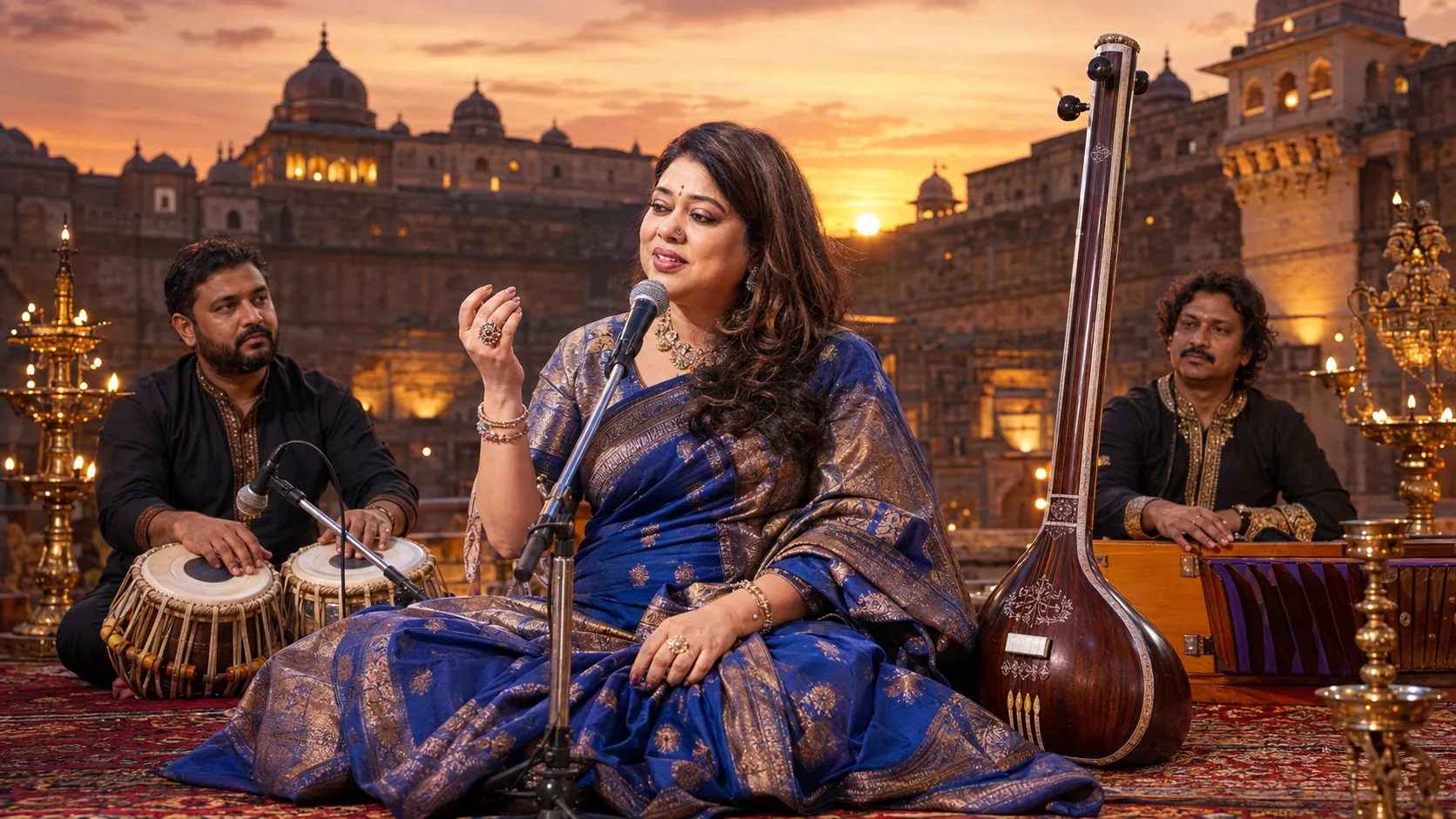 Barnali Chattopadhyay performing at dusk before a lit fort